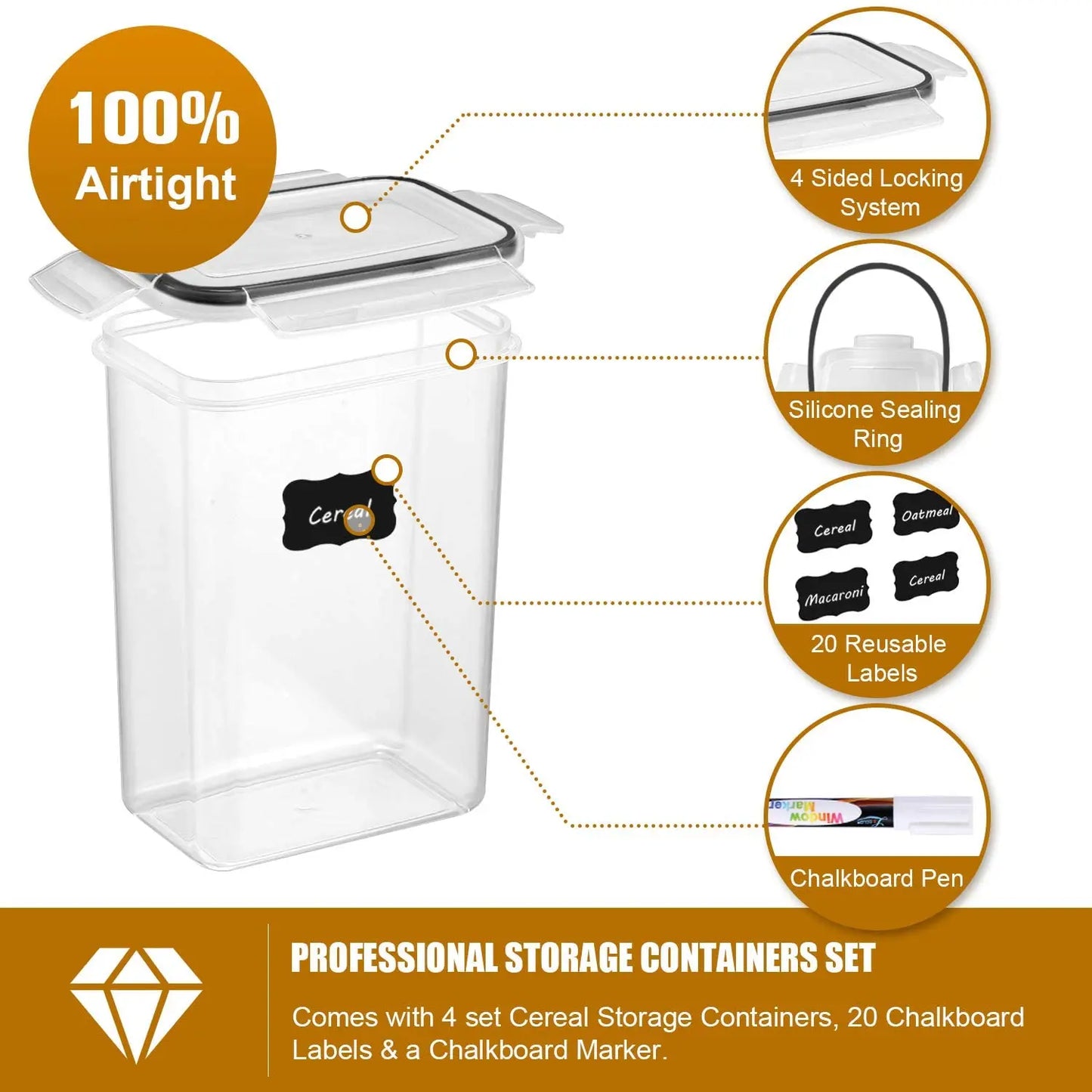 7PCS Food Storage Container Set - BPA Free Airtight Plastic Kitchen Boxes with Labels & Marker Pen