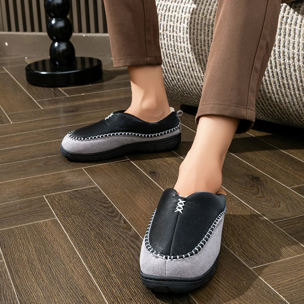 Men's Winter Slipper Boots - Furry Warm Indoor Shoes with Non-Slip PU Sole