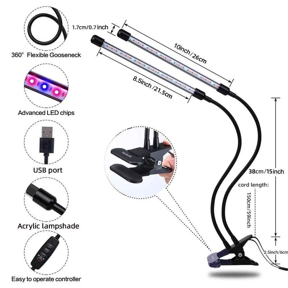 USB LED Plant Grow Light — Indoor Garden Full Spectrum Lamp with 10 Dimmable Levels, Timer Settings 3H/9H/12H for Hydroponic & Greenhouse Plants