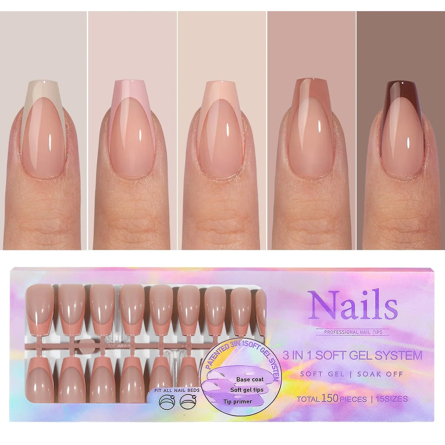 150pcs Fake Almond French Nails – Multi-Size Press-On Acrylic Nails in 6 Colors, Removable & Convenient
