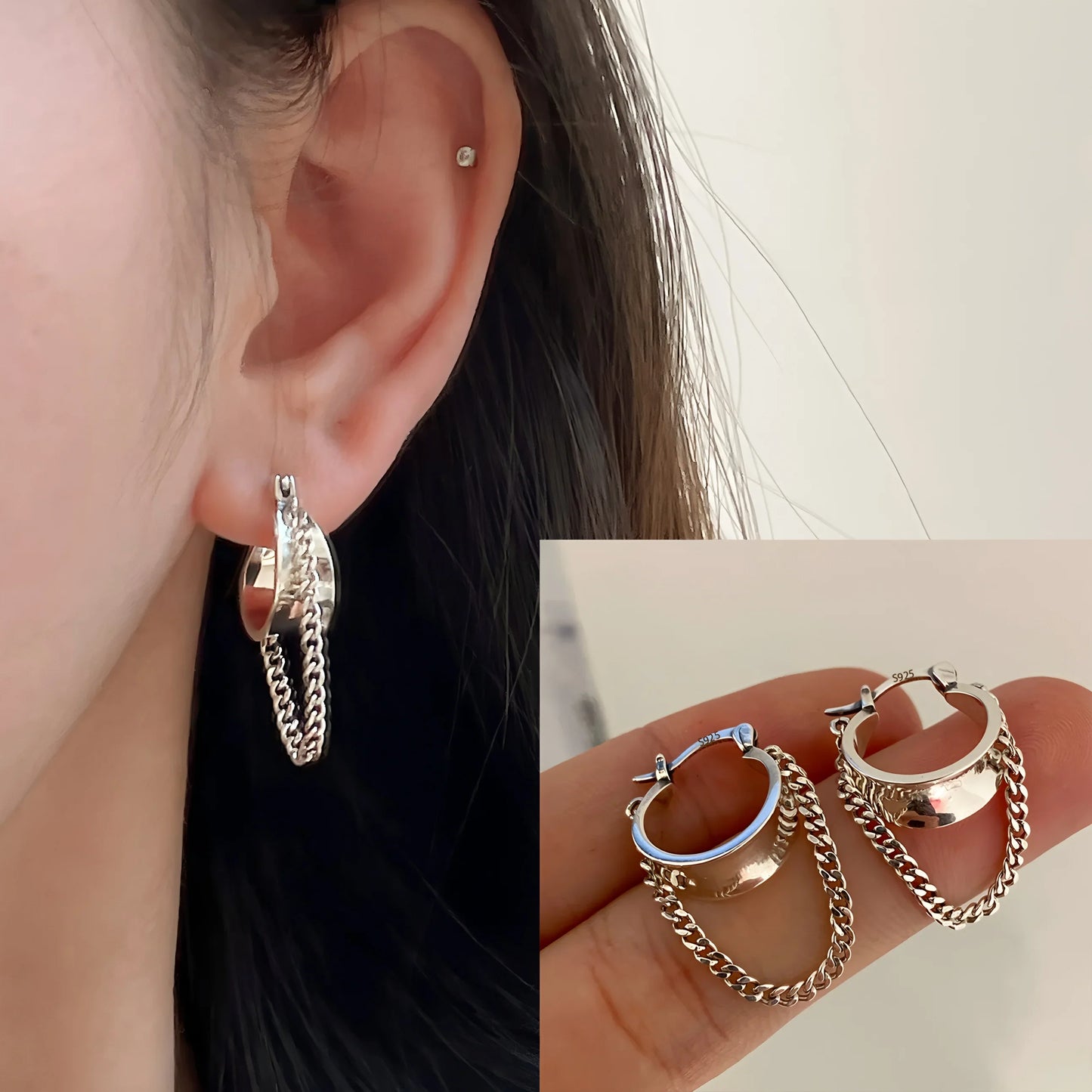 PANJBJ925 Sterling Silver Hoop Earrings - Frosted Geometric Design Fashion Jewelry Gift for Women
