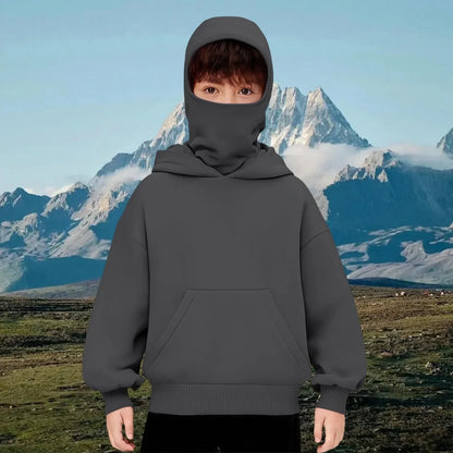 Kids Hooded Balaclava Sweatshirt - Harajuku Double Hat Long Sleeve Hoodie for Boys & Girls Ages 5-15