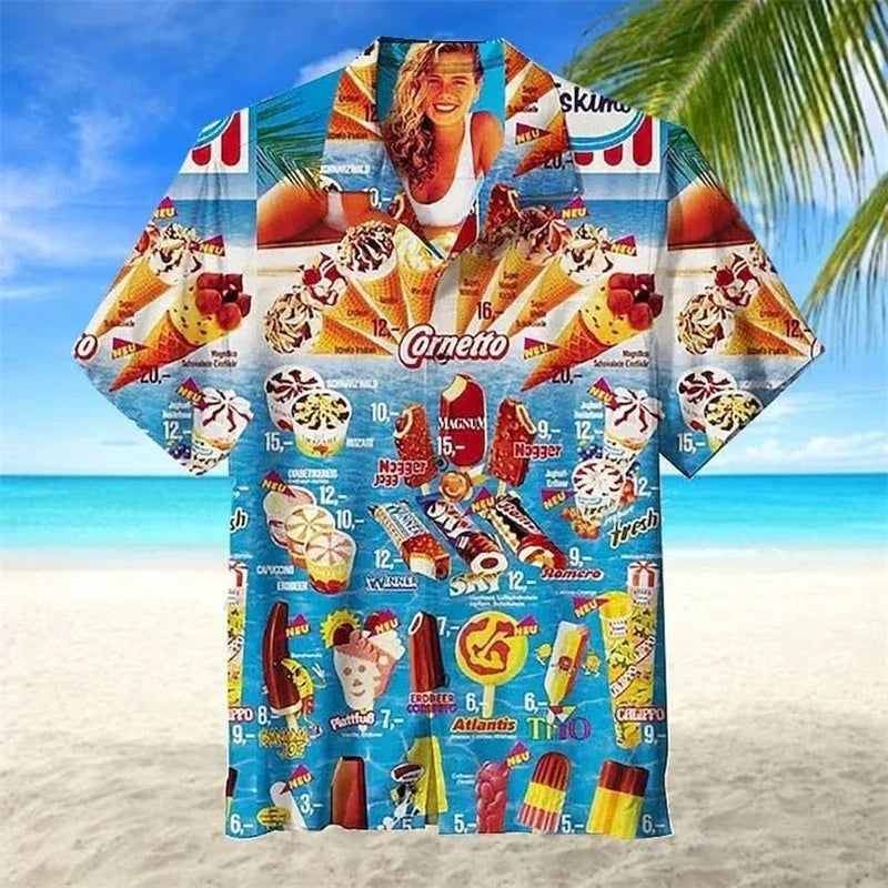 Men’s Ice Cream Hawaiian Shirt - Summer Beach Print Short Sleeve Casual Top with Original Design