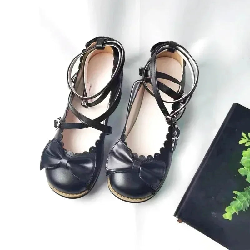 HoneyCherry Lolita Princess Shoes – Women’s Cute Flats with Bow, Cross Straps & Low Round Design