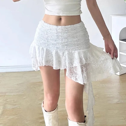 Women’s Bohemian Lace Irregular Skirt - Low Waist Ruched Ribbon Summer White Maxi Skirt 2026
