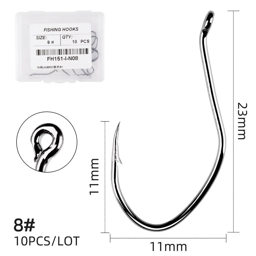 10pcs Catfish Fishing Hooks – High Carbon Steel Barbed Circle Hooks 6/0–10 V-Sharp Tackle