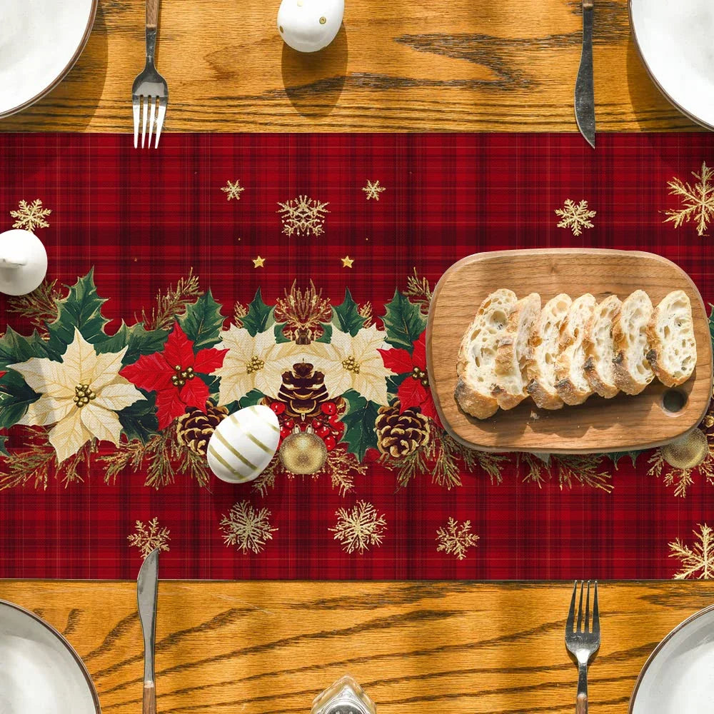 Christmas Poinsettia Table Runner - Holly Snowflake Holiday Dining Decor for Kitchen, Coffee Table & Party Settings