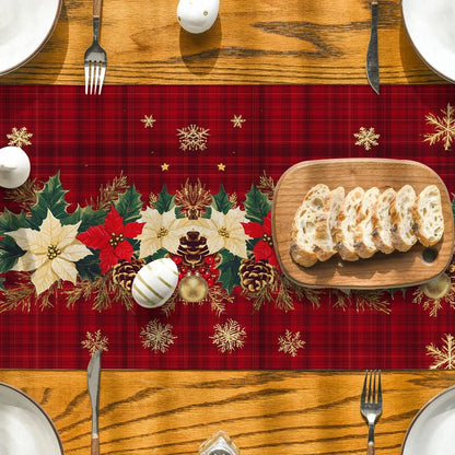 Christmas Poinsettia Table Runner - Holly Snowflake Holiday Dining Decor for Kitchen, Coffee Table & Party Settings
