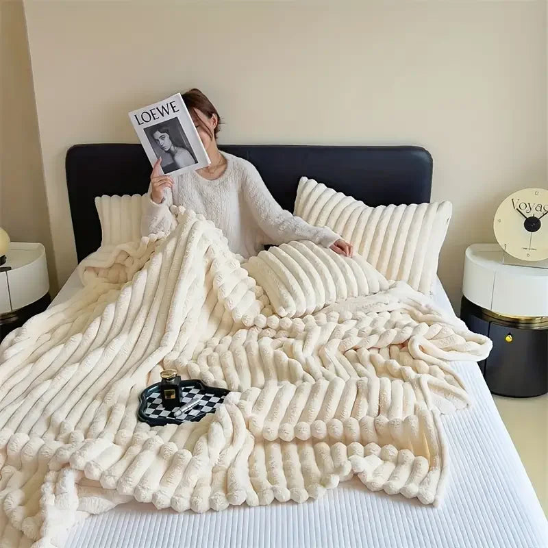 Simplicity Solid Color Flannel Blanket – Thick Wide Stripe Multifunctional Warm Blanket for Autumn & Winter