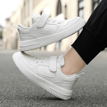 Kids' Black Leather Sneakers – Non-Slip Casual Walking & Tennis Shoes for Boys and Girls