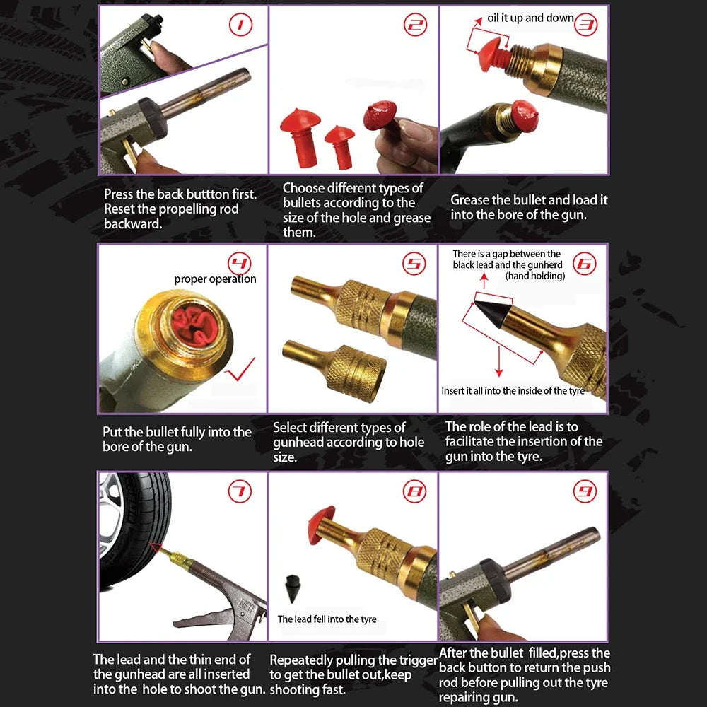 Professional Tubeless Tire Repair Kit - Heavy Duty Puncture Plug Gun with Mushroom Plugs for Car & Motorcycle