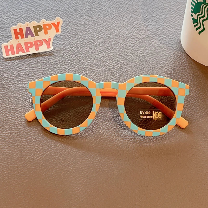2023 Kids Checker Panel Round Sunglasses – Cute UV400 Sun Protection for Baby Girls & Children Outdoor Wear