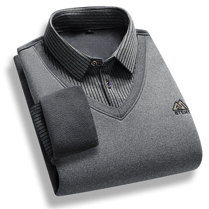 Men's Fleece Lined Polo Sweater - Fake Two-Piece Thick Winter Business Casual Pullover Top