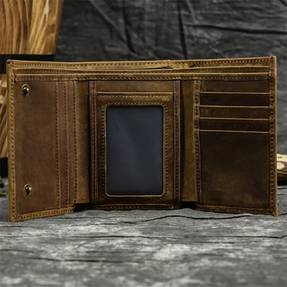 Men’s Genuine Leather Short Wallet with Chain – Trifold Zipper Clutch, Card Holder & Coin Purse