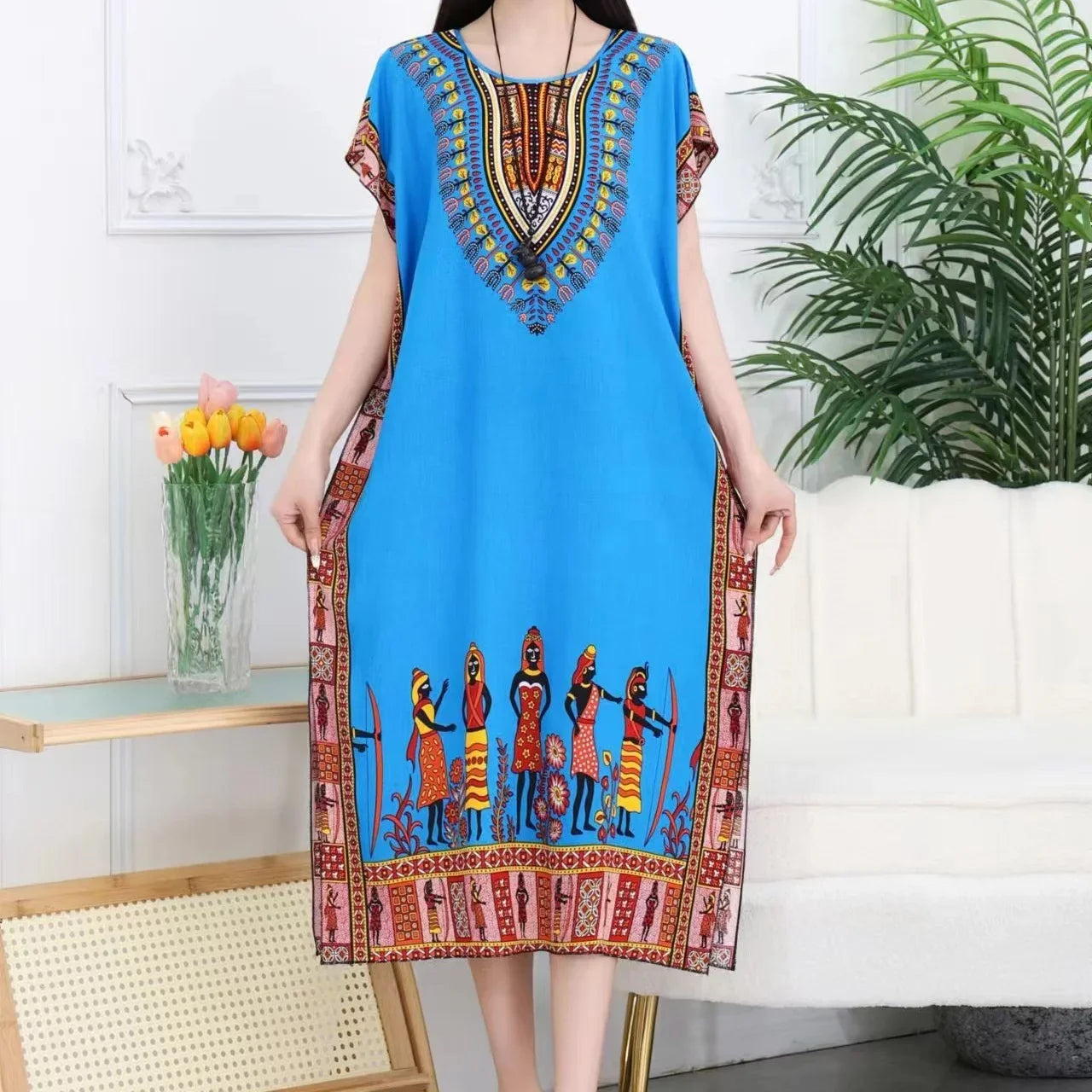 Women’s Bohemian Floral Tunic Dress - Retro Ethnic Print Batwing Sleeve Loose Summer Maternity Streetwear
