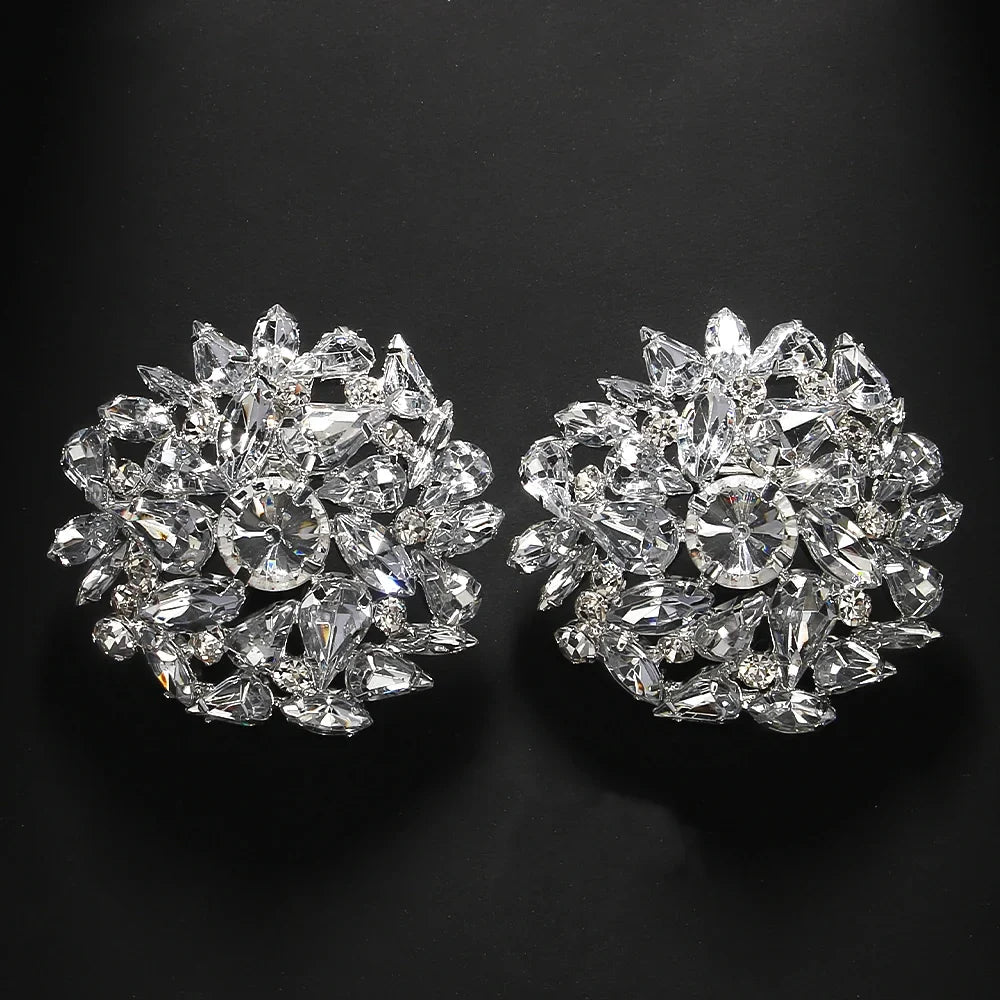 Fashion Round Clip Earrings – Geometric Bling Wedding Jewelry for Women, Rhinestone Clip-On Earrings, No Piercing Christmas Gift