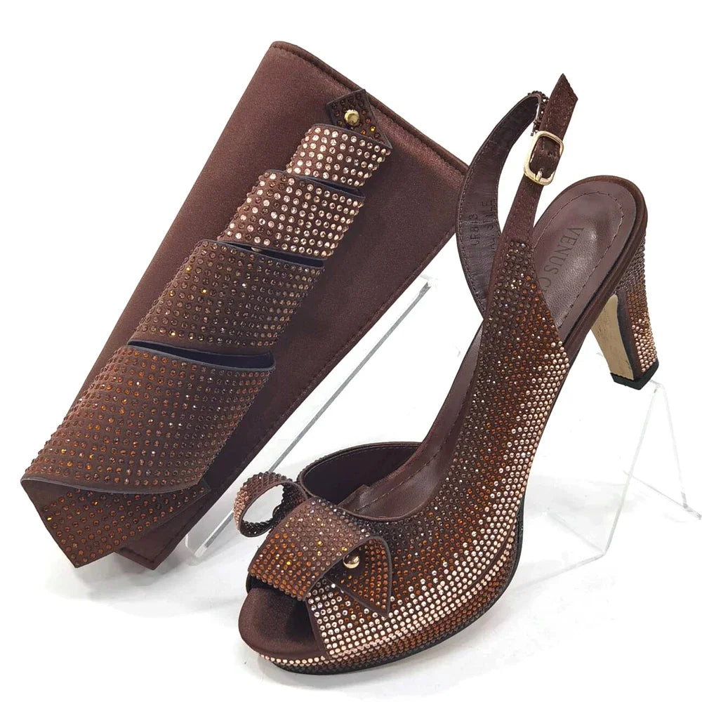 Venus Chan Women’s Rhinestone High Heels & Bag Set - Elegant Peach INS Style African Fashion Design