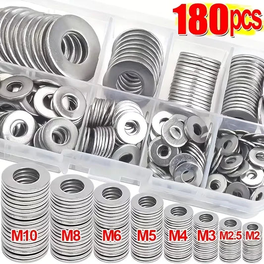 Stainless Steel Flat Washer Assortment Kit - M2 to M10 Washers for Home, DIY & Factory Repairs