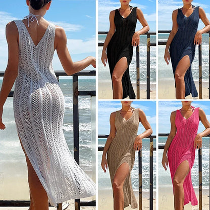 Women's Summer Hollow Out Maxi Dress - Chic Solid Knit Sleeveless Beach Cover Up Vacation Fashion Robe