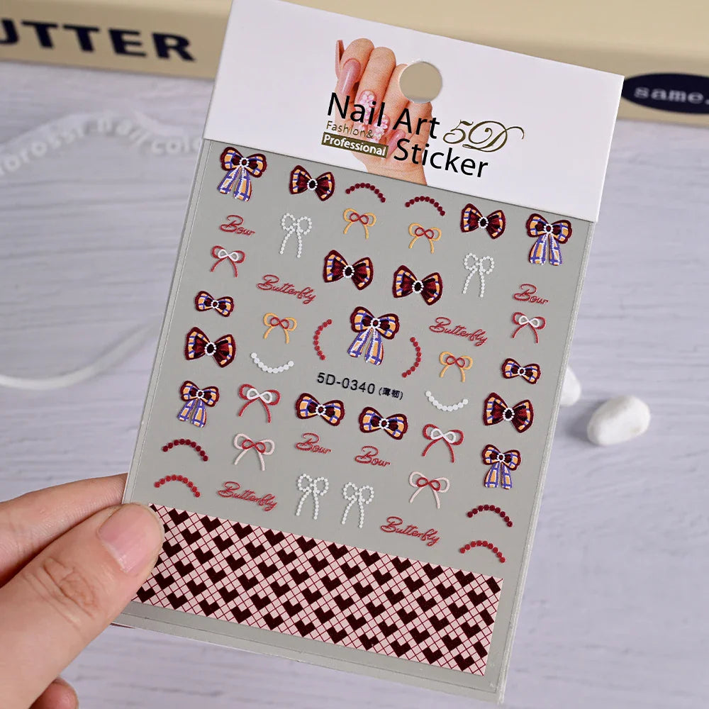 5D White Lace Bowknot Nail Art Stickers – Self-Adhesive Pearl Ribbon Luxury Nail Decals for DIY Manicure Decoration