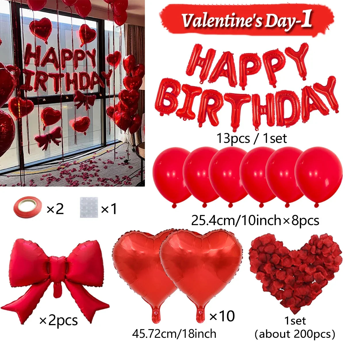 Red Birthday Balloon Set - Heart Foil Balloons with Bow & Simulated Rose Petals for Valentine’s Day Party Decor
