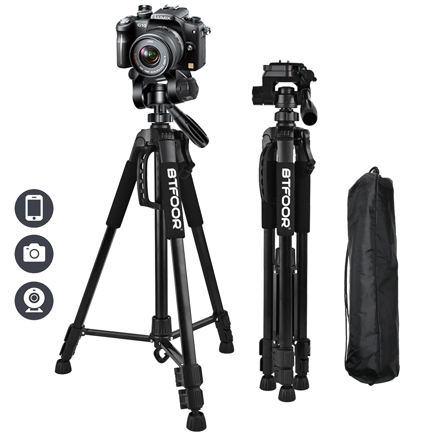 55" Aluminum Phone & Camera Tripod – 140CM Tall Travel Stand with Quick Release Plate & Pan Head for Canon Nikon DSLR SLR