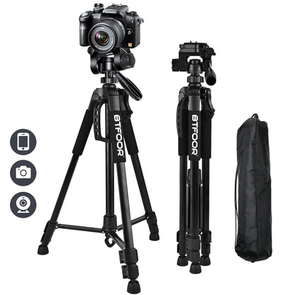 55" Aluminum Phone & Camera Tripod – 140CM Tall Travel Stand with Quick Release Plate & Pan Head for Canon Nikon DSLR SLR