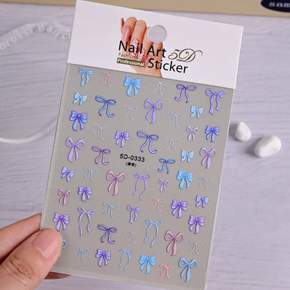 5D Pink & White Bowknot Nail Stickers – Self-Adhesive Kawaii Ribbon Nail Art Decals for DIY Manicure & Nail Decoration