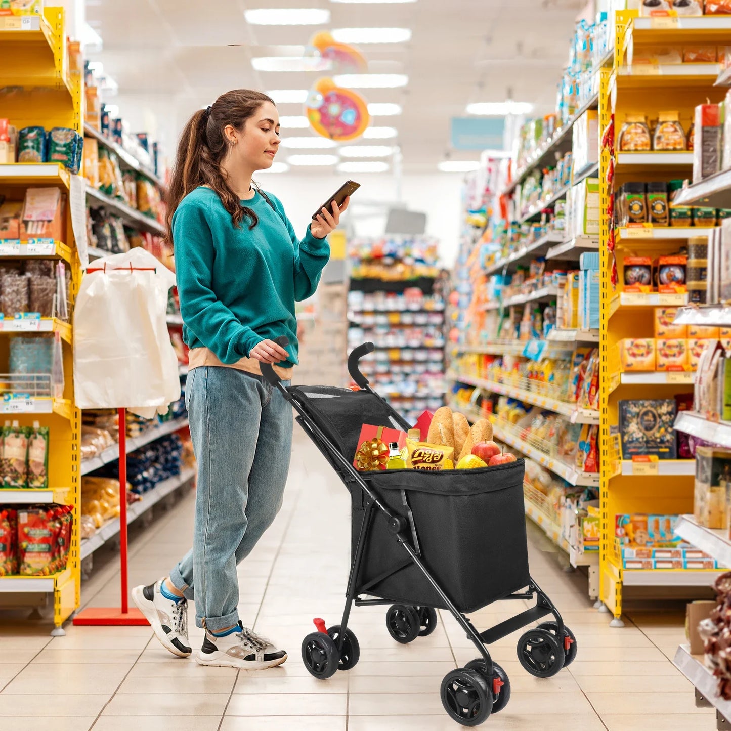 Foldable Utility Shopping Cart - Lightweight Portable Trolley for Market, Picnic & Pet Transport