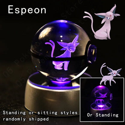 Pokemon 3D Crystal Ball Figurine — Pikachu, Gengar, Mew, Mewtwo Glass Statue with Lamp Base, Kids Birthday Gift