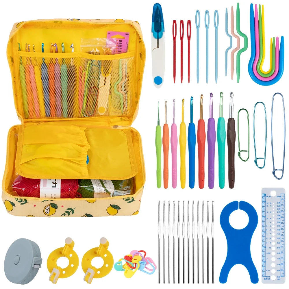 Knitting Crochet Hook Set - DIY Sewing Craft Tools with Bag, Ergonomic Handles & Blunt Needles