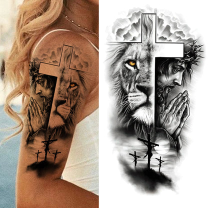 Full Arm Temporary Tattoo Sleeve - Realistic Warrior Lion Tiger Flower & Maori Design Fake Tattoos