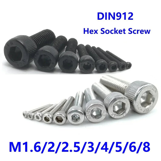 Stainless Steel Hex Socket Screws - DIN912 M1.6 M2 M2.5 M3 M4 M5 M6 M8 Grade 12.9 Black Allen Head Cap Bolts 5/100pcs