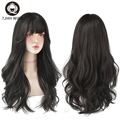 7JHH Brown Ash Long Deep Wave Lolita Wig for Women — Synthetic Hair with Bangs, Thick Curly Fashion Wig