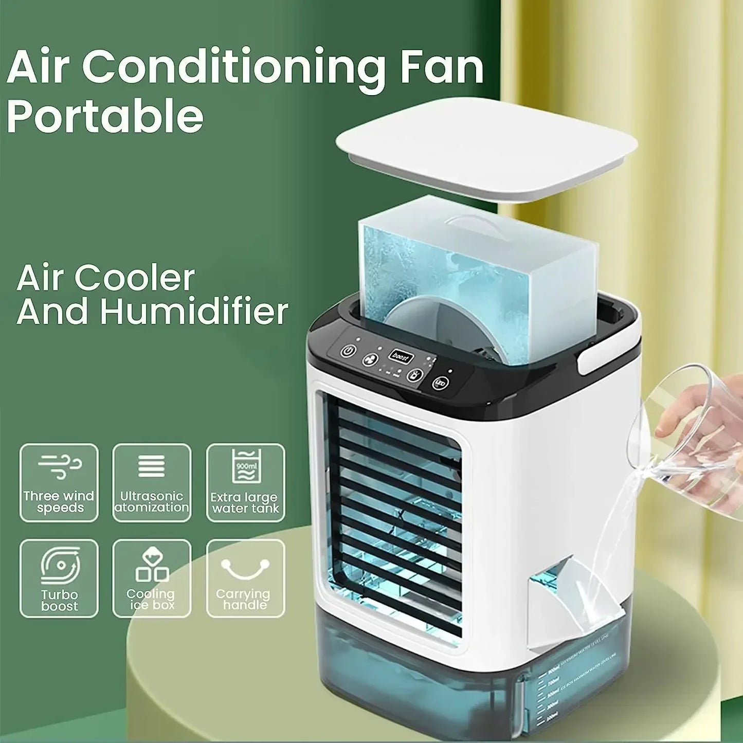 Portable Air Conditioner Fan - Dual Spray Ultrasonic Air Cooler with 3-Speed Quiet Cooling & Night Light
