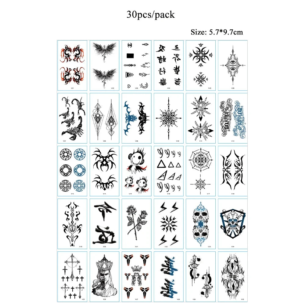 30pcs Black Temporary Tattoo Stickers - Flower Butterfly Rose Moon Star Mandala Designs for Hand, Chest & Body Art