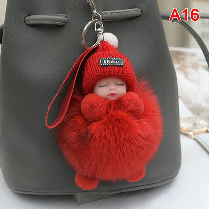 Cute Pompom Sleeping Baby Keychain - Fluffy Plush Doll Bag Charm, Key Ring & Gift for Women and Girls