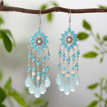 Bohemian Water Drop Tassel Earrings - Vintage Crystal Bead Long Dangle Jewelry for Women