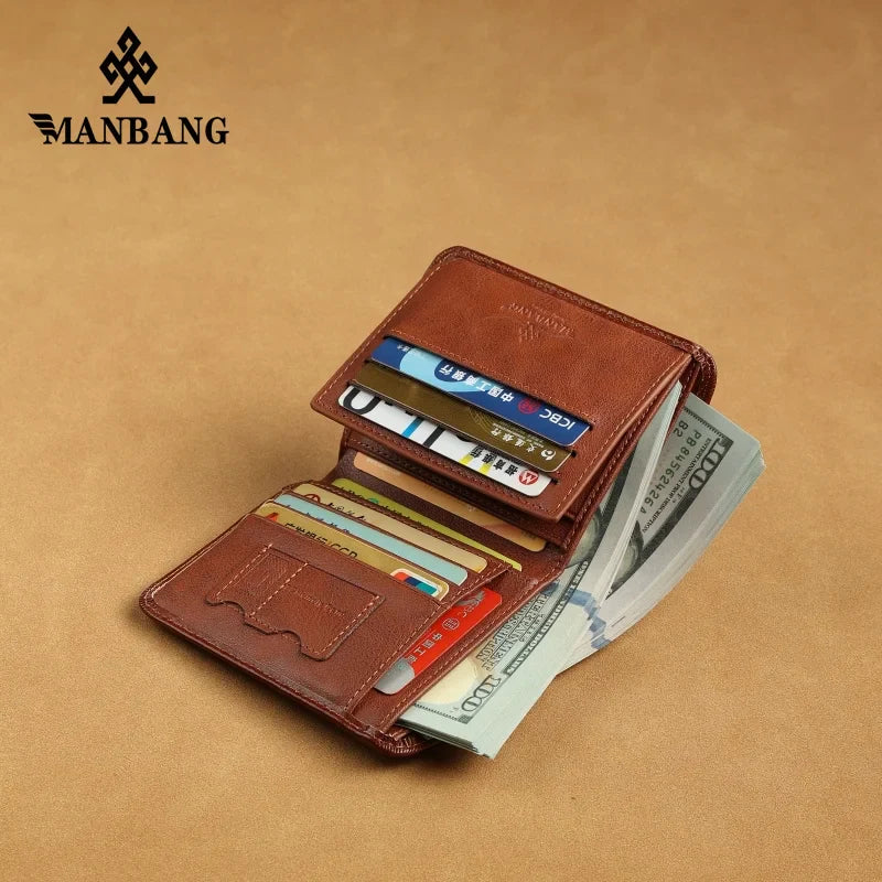 Manbang Genuine Leather Men’s RFID Blocking Trifold Wallet – High Quality Card Holder with ID Window Slim Business Wallet for Men