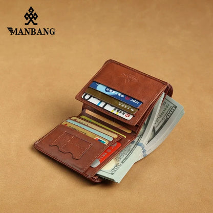 Manbang Genuine Leather Men’s RFID Blocking Trifold Wallet – High Quality Card Holder with ID Window Slim Business Wallet for Men