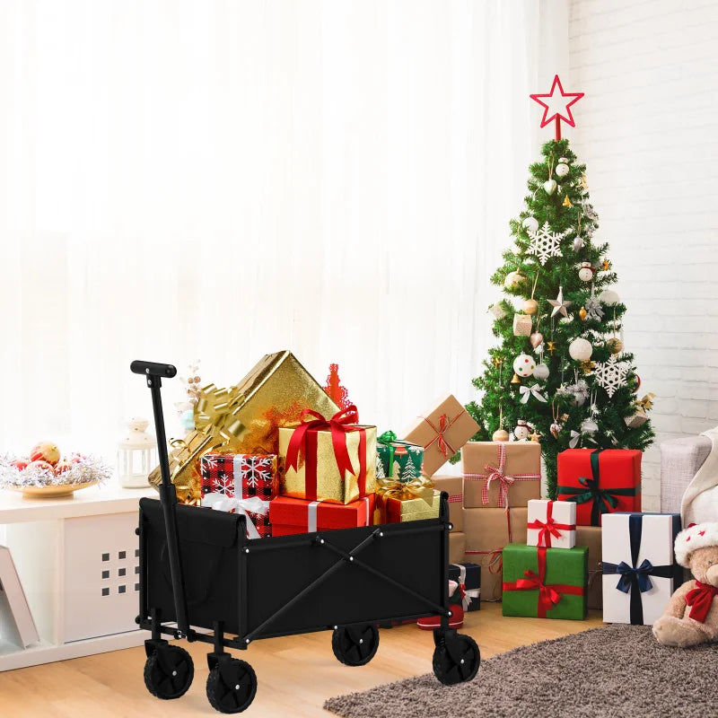 Black Folding Handcart — Small Portable Outdoor Garden Utility Wagon for Shopping, Picnic & Beach