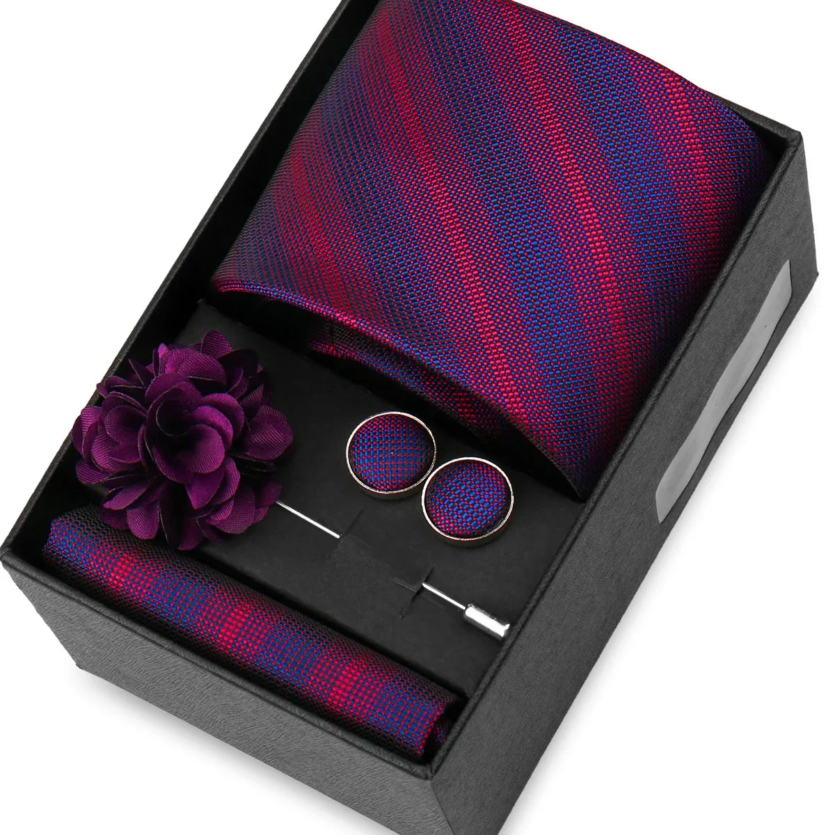 Elegant Men’s Necktie Gift Set - Fashion Tie with Handkerchief, Cufflinks & Brooch Pin Accessories for Business & Wedding