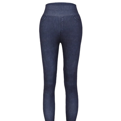 Women's Faux Denim Yoga Leggings - High Waist Stretch Fitness & Workout Skinny Tights
