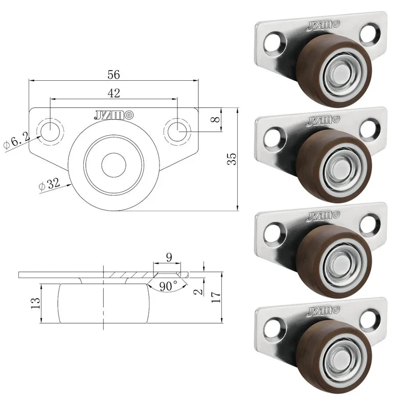 4Pcs Silent Rubber Casters | Low Profile Drawer Wheels for Furniture, Kitchen Cabinets, and Tables - Side Installation Replacement