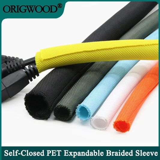 Self Closing PET Braided Cable Sleeve - 1/2/5M Expandable Insulated Wire Wrap Protector and Cable Organizer