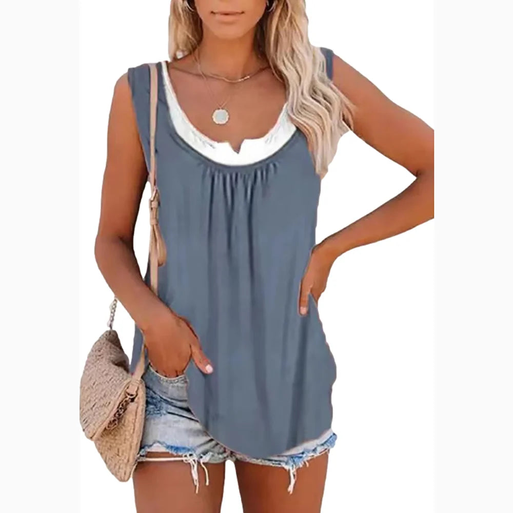 Women’s Two-Piece Look Leaf Print Tank Top - 2026 Summer Sleeveless Casual Loose Camisole with Pockets