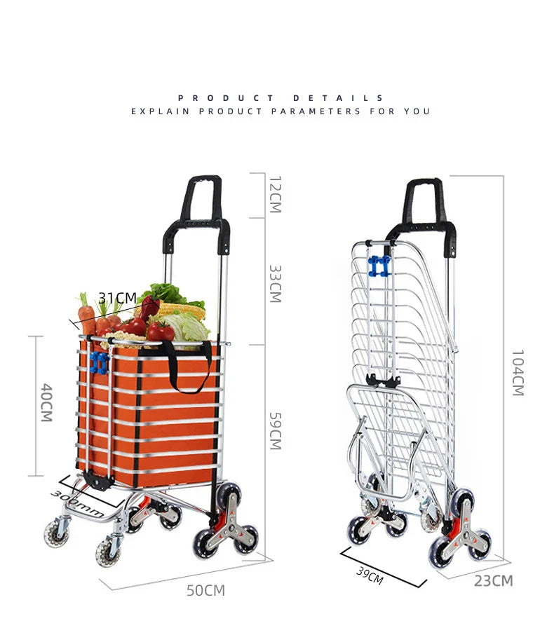 Aluminum Alloy Folding Grocery Cart – Portable Lightweight Shopping Trolley with Step Climbing for Supermarket & Food