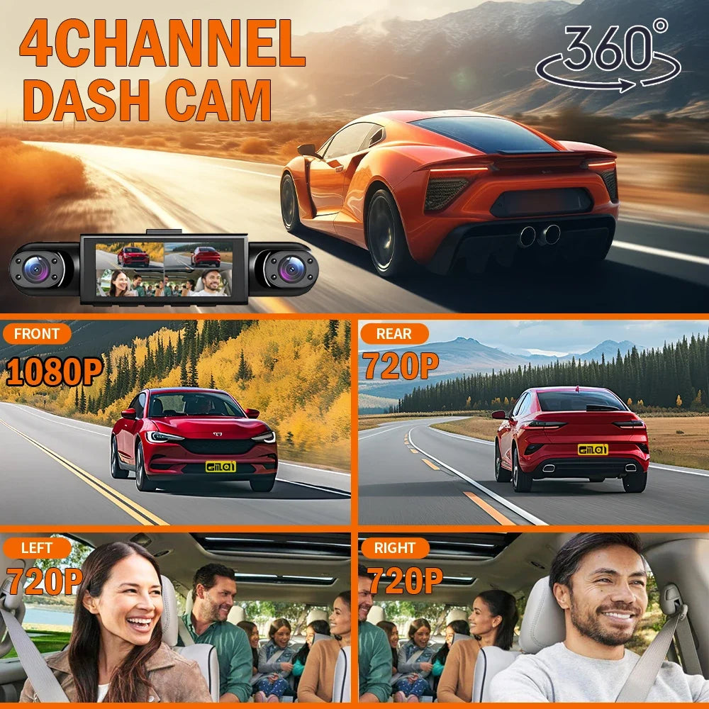 4-Channel 360° Dash Cam - Car Video Recorder with Night Vision, Parking Monitor & Loop Recording