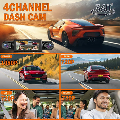 4-Channel 360° Dash Cam - Car Video Recorder with Night Vision, Parking Monitor & Loop Recording