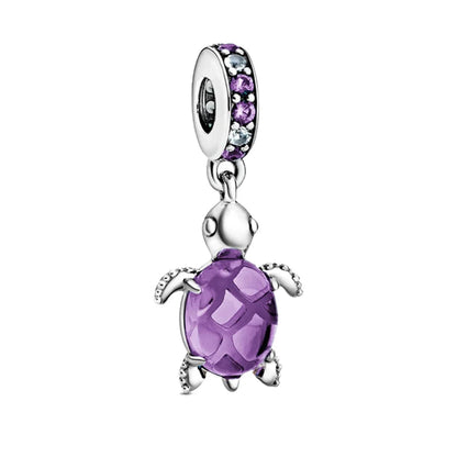 925 Silver Plated Murano Glass Sea Turtle Dangle Charm - Colorful Pink & Blue Jewelry for Women's Bracelet